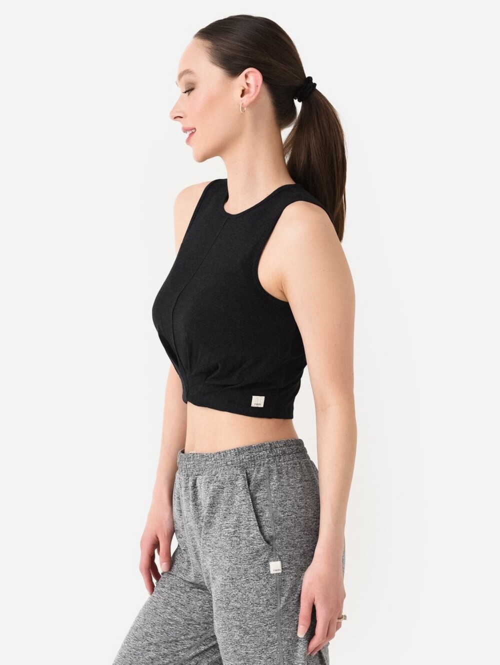 Vuori Women's Cove High Neck Tank black ribbed knit cropped pleated size
